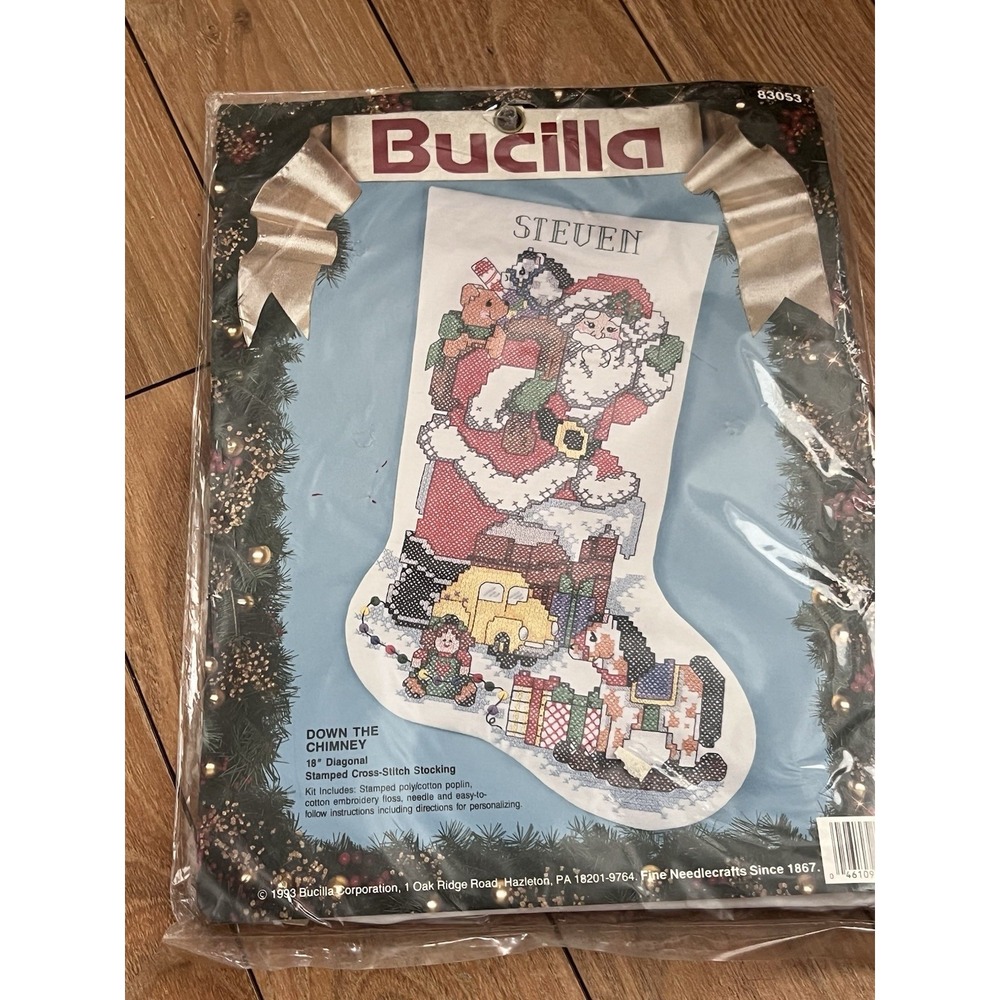 Bucilla Stamped Cross Stitch Christmas Stocking Down the Chimney Vintage 1993